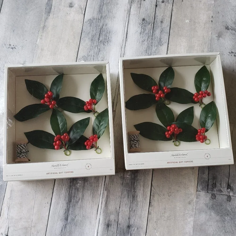 NWT - (set of 2) Faux Holly Leaf & Berry Gift Toppers (Set of 4) - Hearth & Hand
